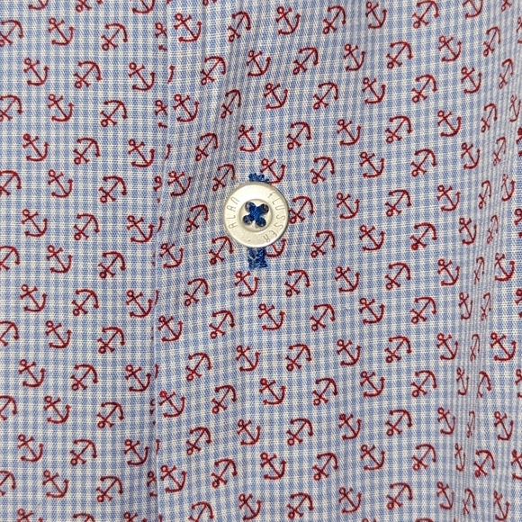 ALAN FLUSSER XL Nautical Button Up Shirt Short Sleeve Anchor Beach 100% Cotton - Picture 10 of 10